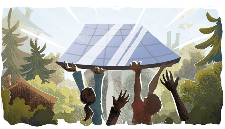 Just Solutions article by Zully Juarez featured image of illustration of people holding up a solar panel