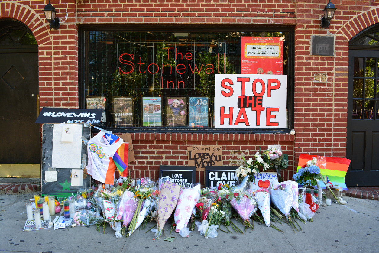 New York, USA - June 12, 2017: Memorial outside the landmark Stonewall Inn in honor of the victims of the mass shooting at a gay nightclub in Orlando in New York City in 2016