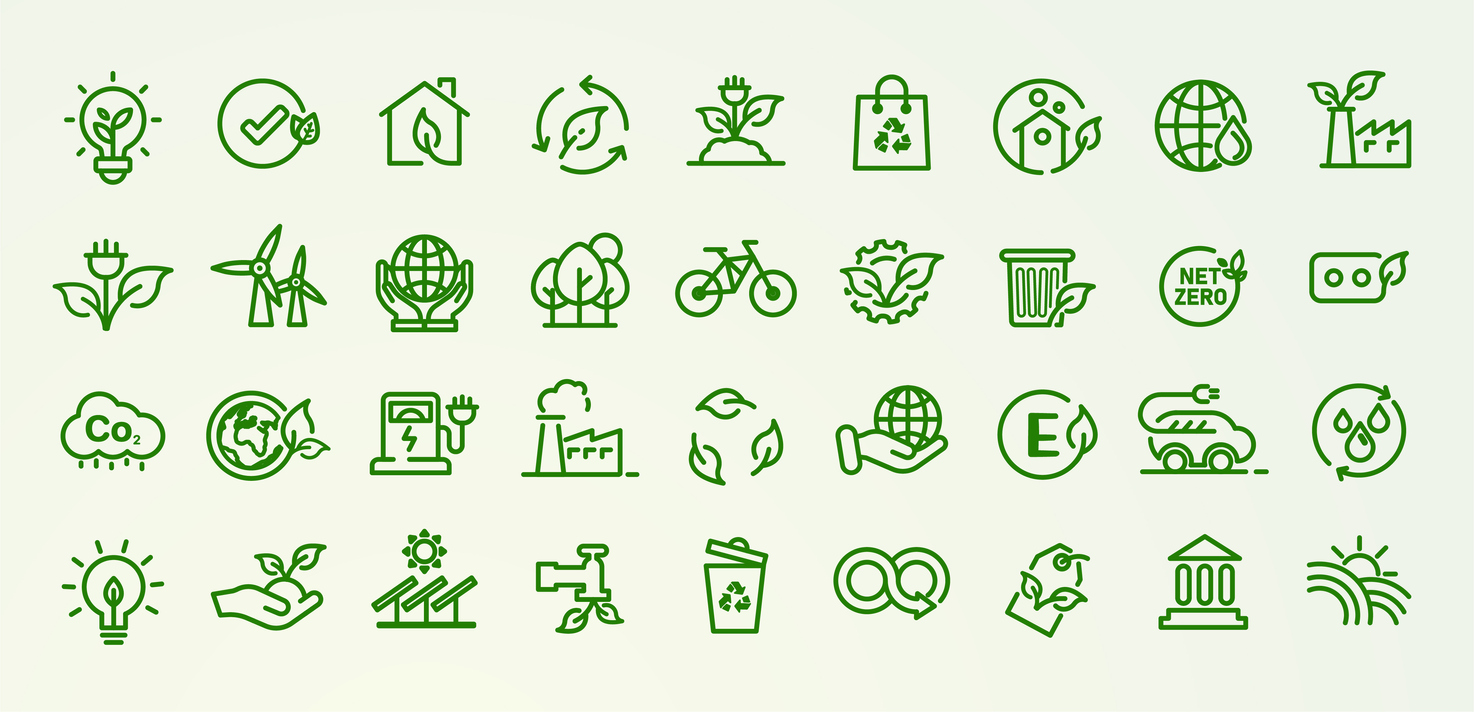 ecological environmental icon set 36 pcs esg, net zero, co2 eco green icon vector