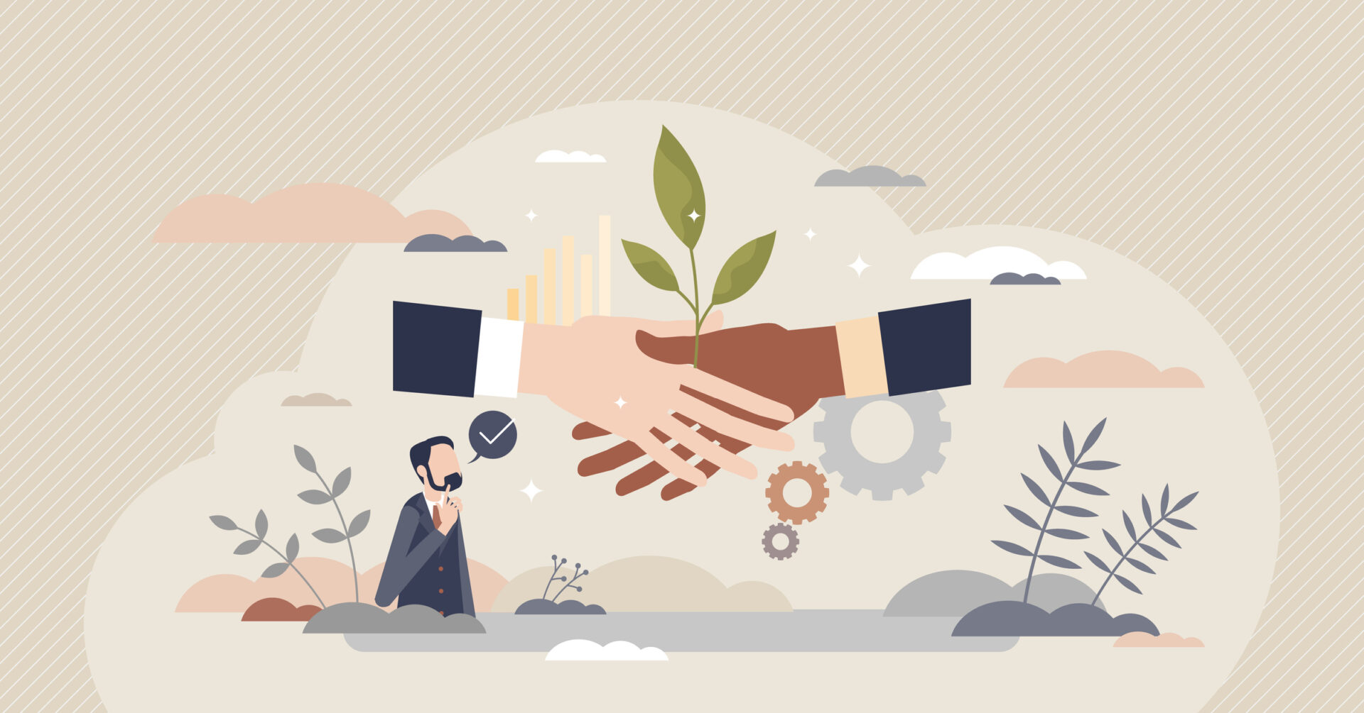 Sustainable partner and environmental friendly business tiny person concept. Corporate deal or agreement symbolic handshake with green leaf vector illustration. Climate awareness in company strategy.