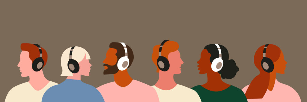 People in headphones. Set of men and women listening to music, podcast, audio. Isolated flat vector illustration with group of young people drawn in trendy style