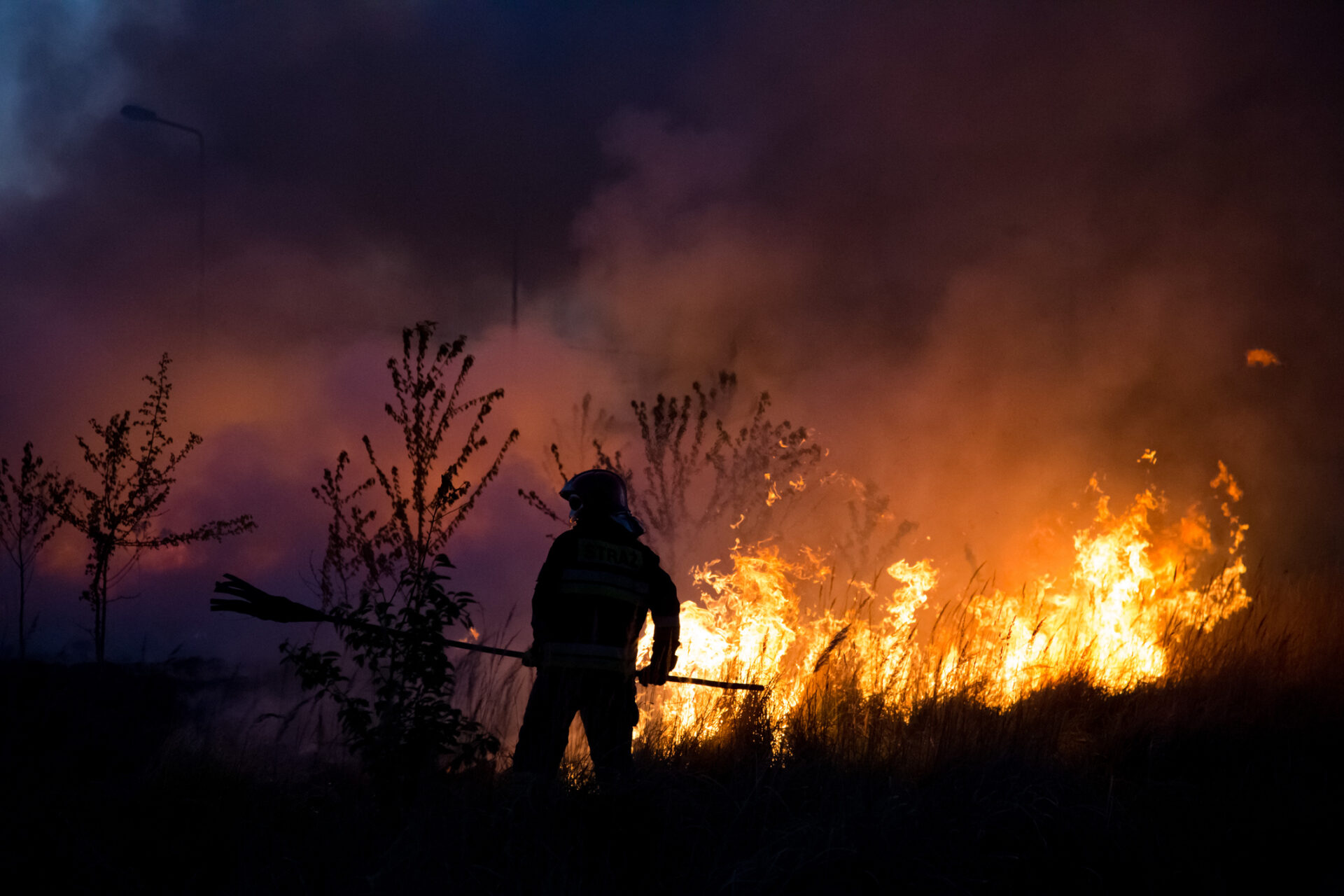 A firefighter fighting fire of bush, using a fire equipement. Some trees and bush burning in the evening. Wide spreaded smoke and flames in the background.